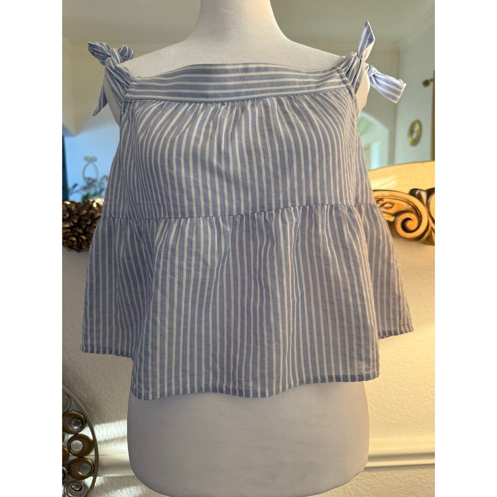 BCBG Max Azria Blue White Striped Tie Strap Peplum Top Size XS Summer Blouse